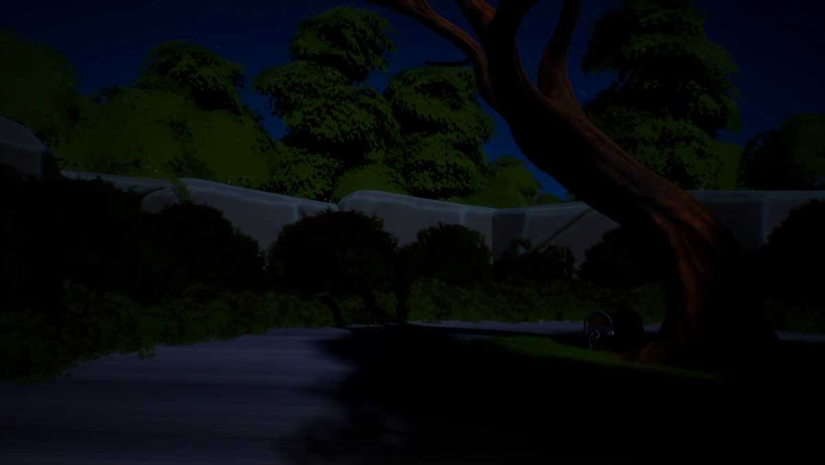 A bend of moonlit water under a twisted tree, with pale fog hanging over the far bank