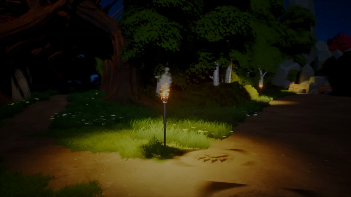 A torch on a dirt road at night, lighting the grass and a large print pressed into the earth
