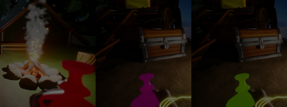 Three alchemy kit vials held up at the campfire, glowing red for blood, violet for magic and green for rot