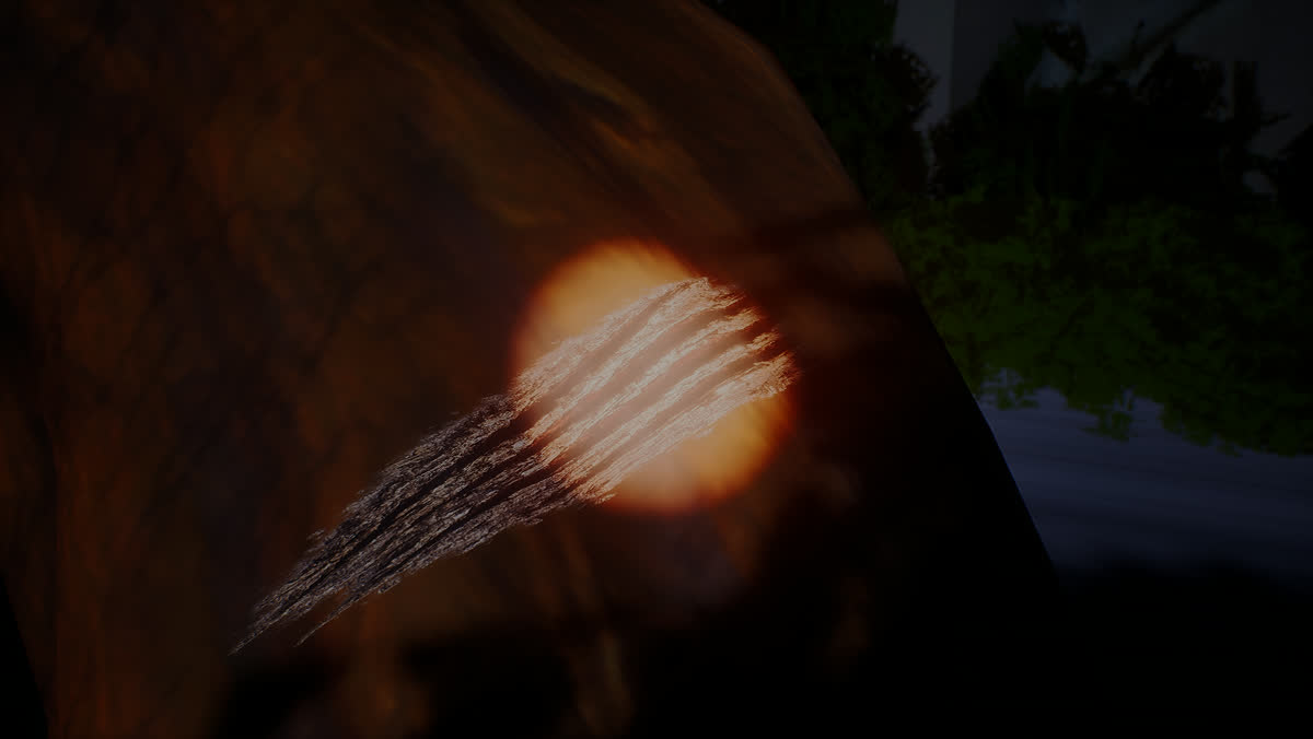 Claw gouges on a tree trunk lit by a warm spot of Looking Glass light