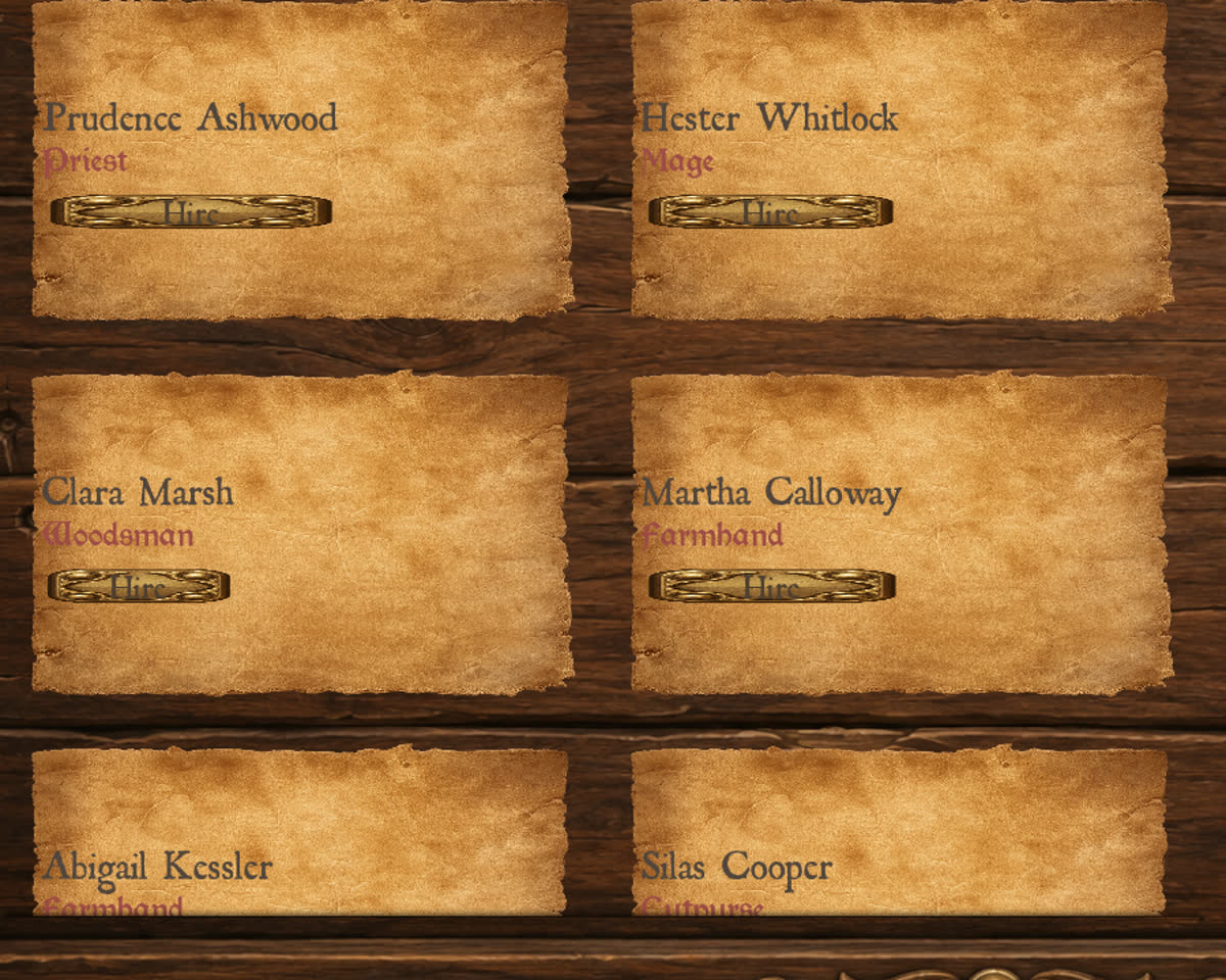Six parchment recruit cards pinned to the tavern board, each with a name, a job title and a Hire button