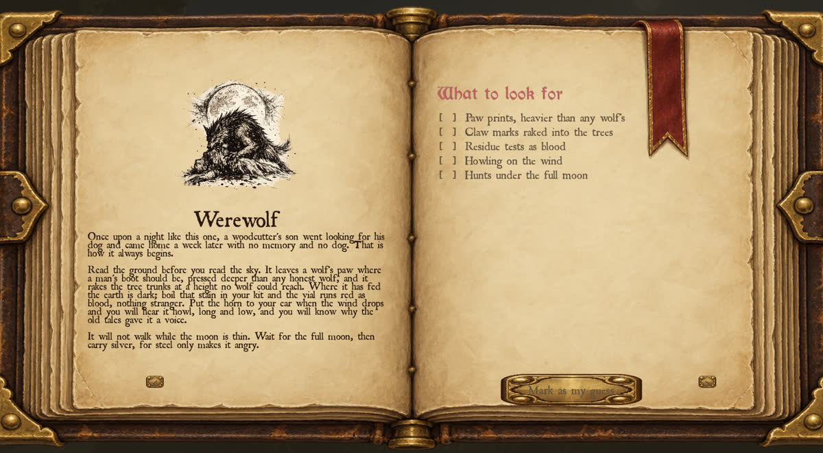 The werewolf's page in the hunter's notebook with its checklist of paw prints, claw marks, blood, howling and the full moon