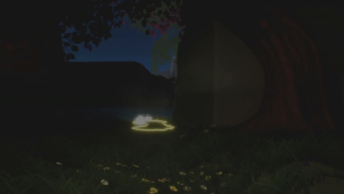 Pale glowing mushrooms beside a still forest pool at night