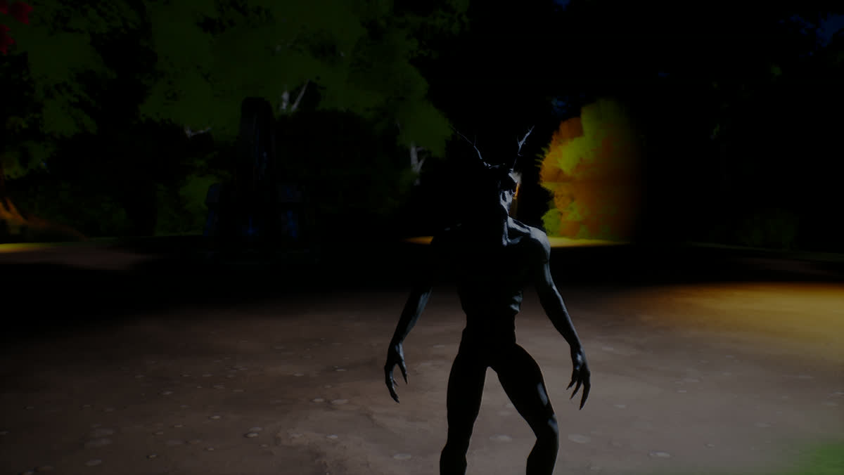 The Skinwalker in near darkness, a thin antlered silhouette against the trees