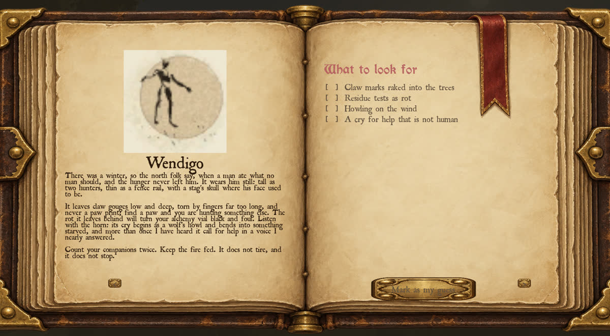 The Wendigo's page in the hunter's notebook, with its journal entry and a checklist of what to look for
