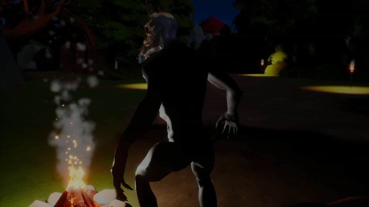 The Wendigo lunging past a campfire at night, its antlered skull and long arms lit by the flames