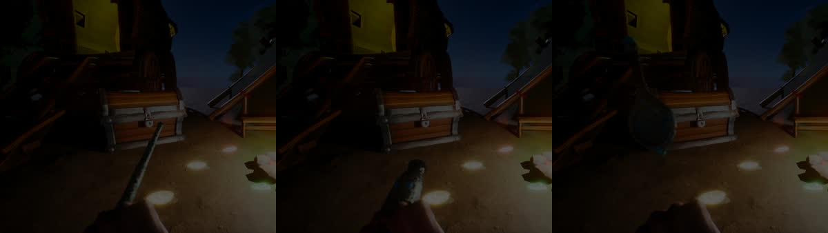 Three Looking Glass tiers held in the hunter's hand at the campfire: a wooden spyglass, a brass glass, and a master lens