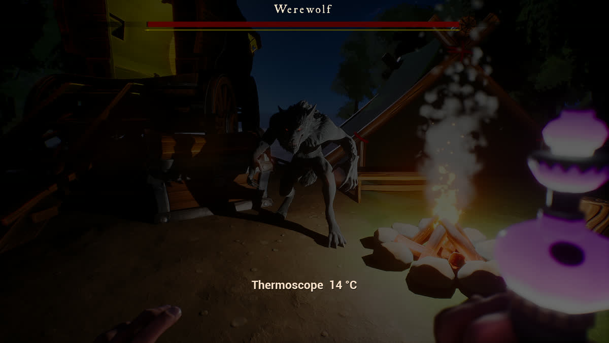 The thermoscope readout in the corner of the screen showing fourteen degrees as a werewolf approaches the campfire