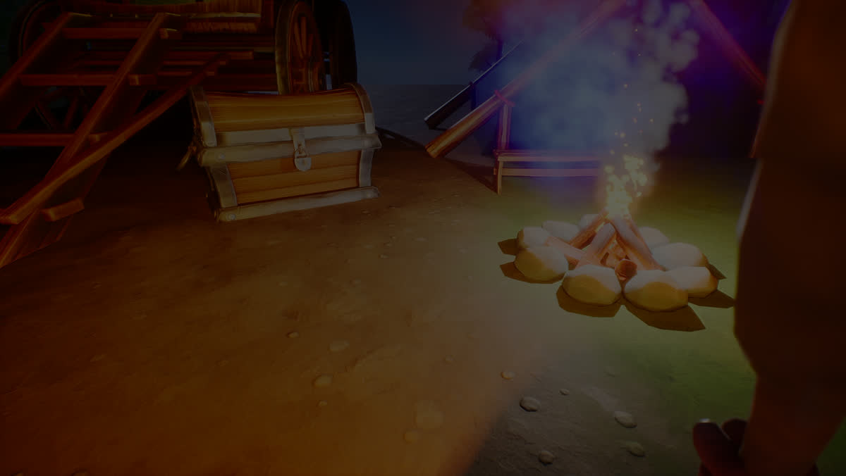 A plain torch held in the hunter's off hand, lighting a small pool of the camp