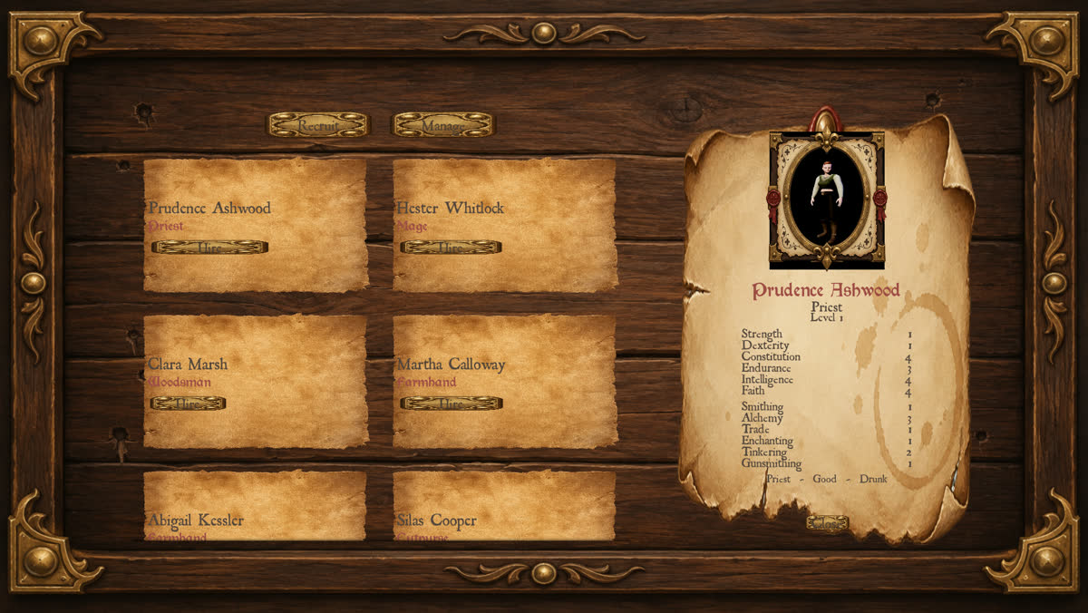 The tavern management board: parchment recruit cards pinned to dark wood beside a selected villager's sheet