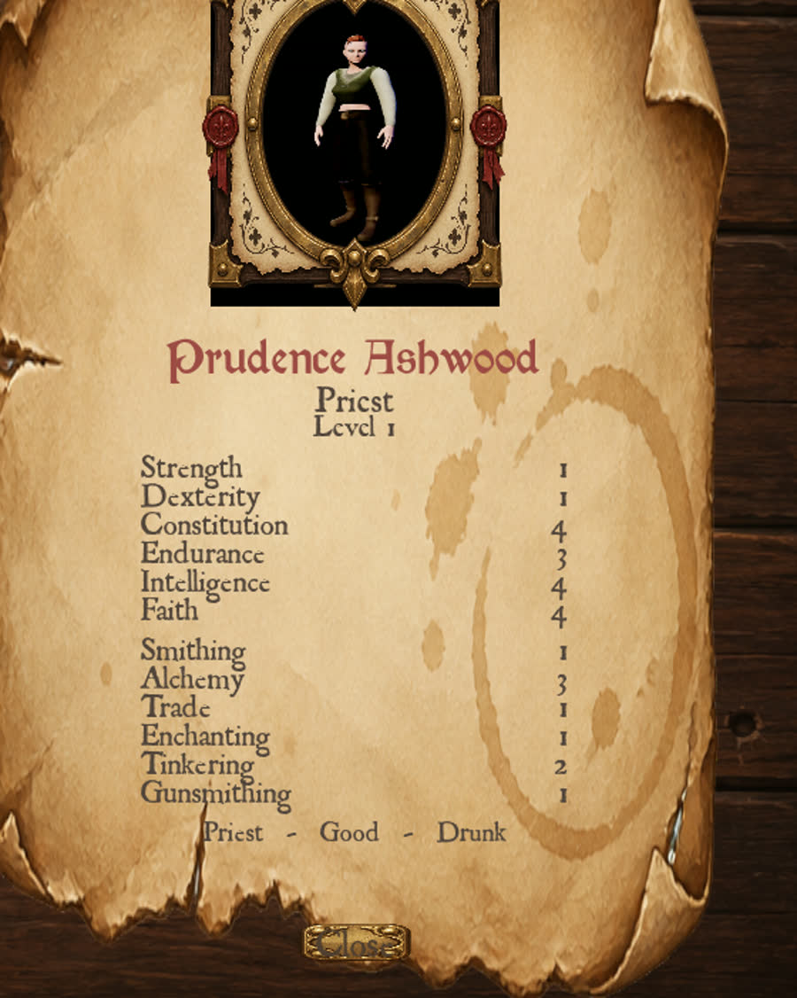 A villager's parchment sheet in the tavern: Prudence Ashwood, Priest, level one, with her twelve stats listed