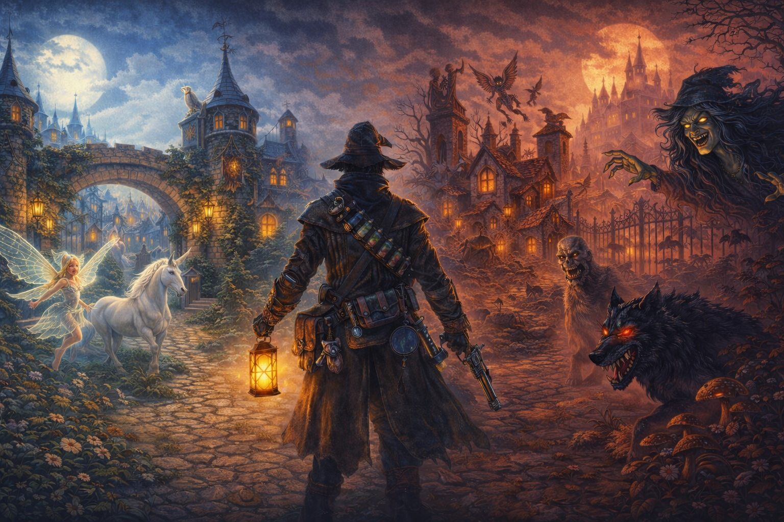 The Last Fairytale hero placeholder with hunter between good and evil creatures